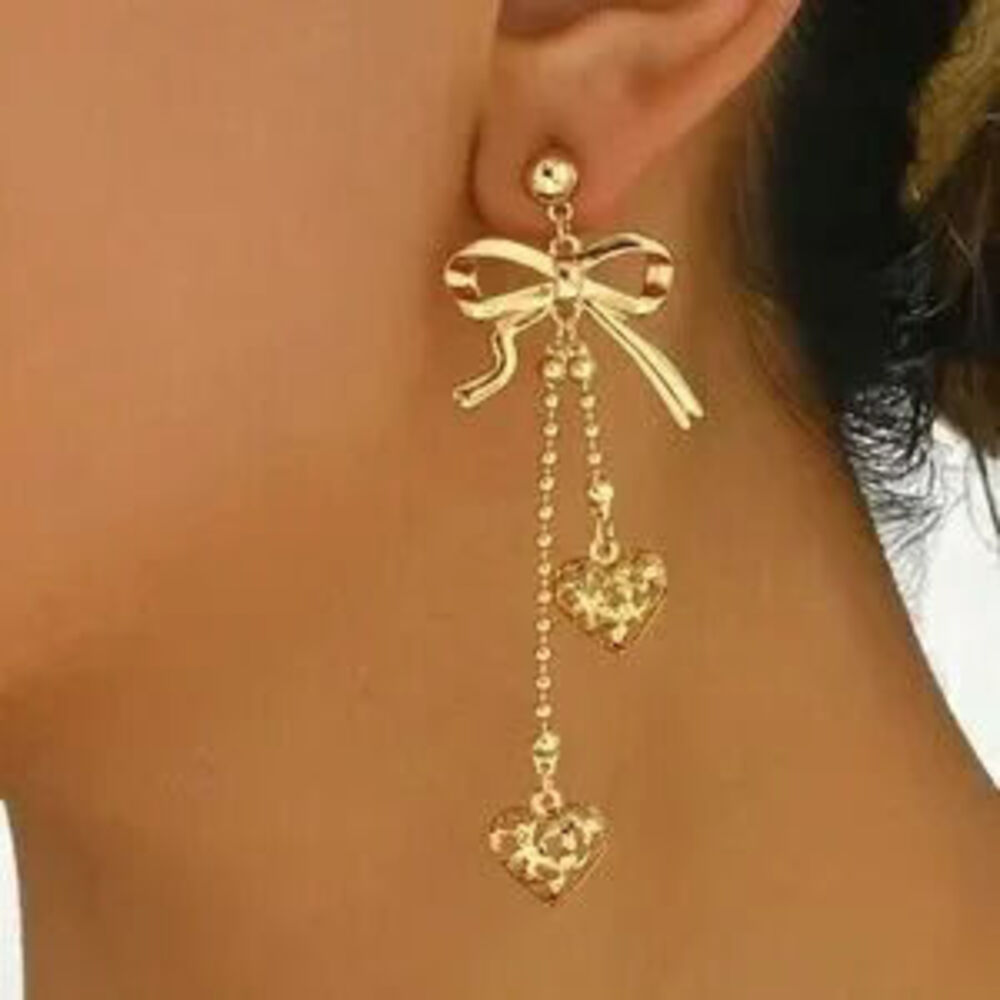 Luxe Gold Tone Bow Heart Drop Earrings - Picture 2 of 4